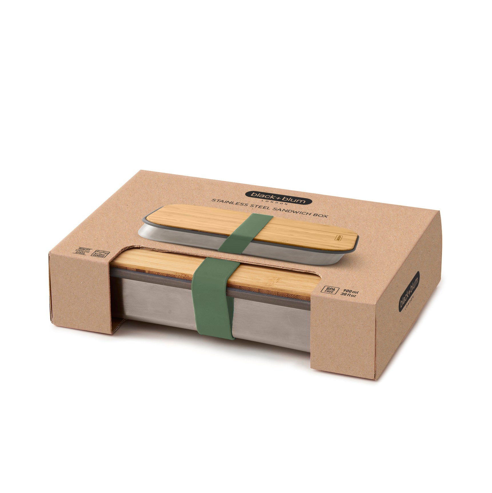 Large Sandwich Box / Bento Box in Stainless Steel Olive 900 ml Black + Blum