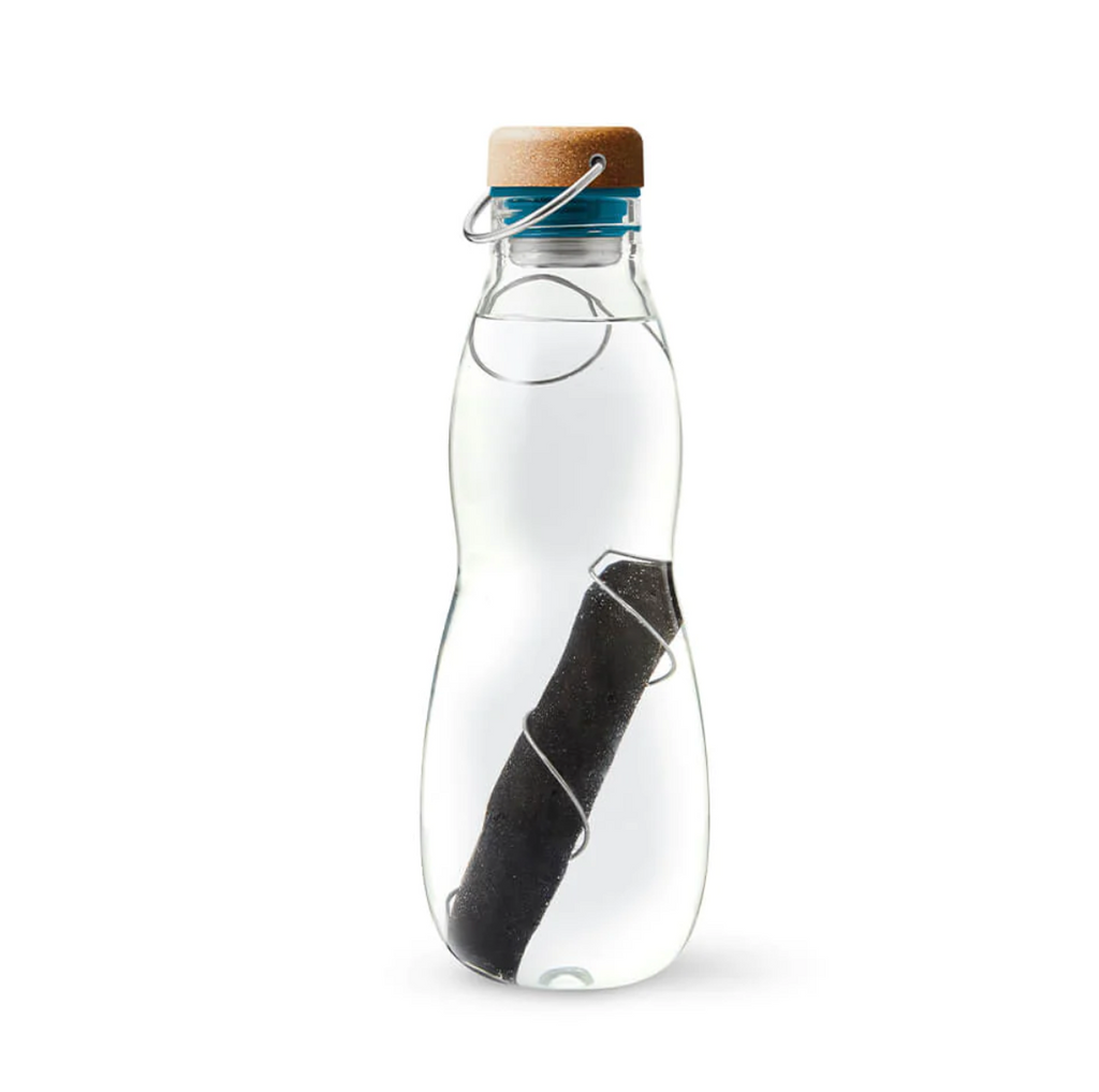 Glass Bottle with Blue Lid and Charcoal Filter 650ml Black+Blum